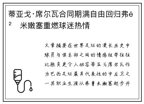 蒂亚戈·席尔瓦合同期满自由回归弗鲁米嫩塞重燃球迷热情